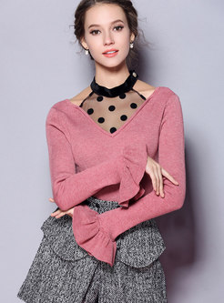Autumn Sweet Pink V-neck Dots Slim Knitted Sweater