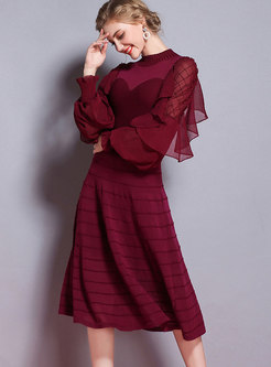 Fashion Lantern Sleeve Plaid Beaded Perspective Knitting Dress