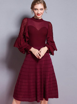 Fashion Lantern Sleeve Plaid Beaded Perspective Knitting Dress