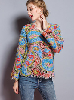Autumn Multicolor V-neck Hollow Out Knitted Top