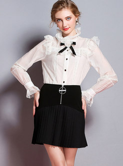 Chic Tie-neck Bowknot Lace Hollow Out Blouse