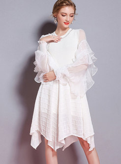 Fashion Autumn Lantern Sleeve Falbala Asymmetric Dress