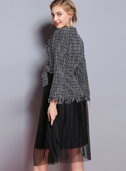 Stylish Lapel Tweed Stitching Mesh Perspective Dress