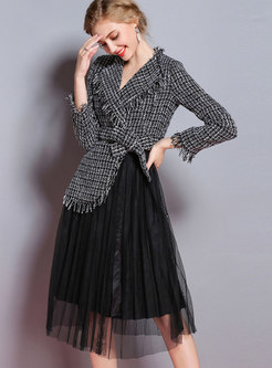 Stylish Lapel Tweed Stitching Mesh Perspective Dress