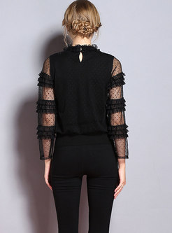 Elegant Black Lace-paneled Gauze Semi-sheer Sweater