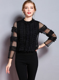 Elegant Black Lace-paneled Gauze Semi-sheer Sweater