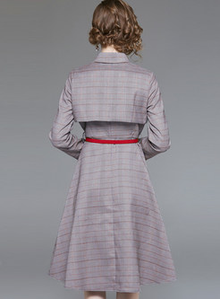 Lapel Single-breasted Tie-waist Plaid A Line Dress