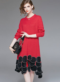 Stylish O-neck Circle Stitching Knitted Irregular Dress