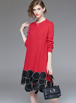 Stylish O-neck Circle Stitching Knitted Irregular Dress