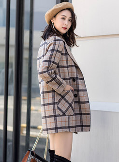 Grid Turn Down Collar Double-breasted Straight Coat