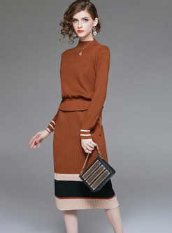Standing Collar Long Sleeve Knitted Two Piece Outfits