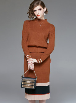 Standing Collar Long Sleeve Knitted Two Piece Outfits