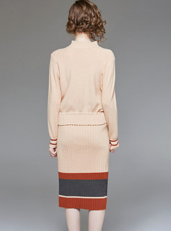 Slim Long Sleeve Sweater & Color-blocked Sheath Skirt