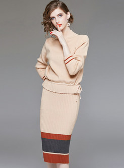 Slim Long Sleeve Sweater & Color-blocked Sheath Skirt