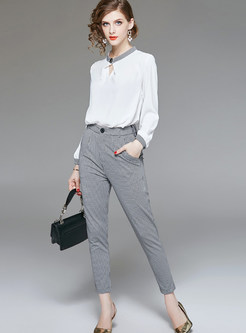 White Long Sleeve Blouse & Plaid Pocket Pencil Pants