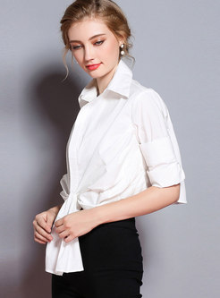 Stylish White Turn-down Collar Half Sleeve Shirred Blouse