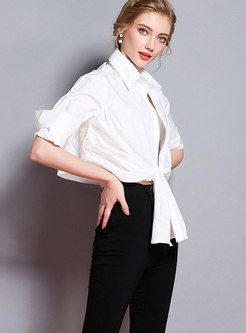 Stylish White Turn-down Collar Half Sleeve Shirred Blouse