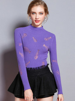 Casual Purple Pattern Skinny Knitting Sweater
