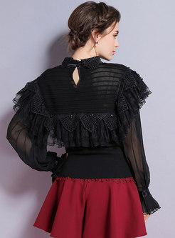 Fashion Black Stand Collar Drilling Falbala Knitted Sweater