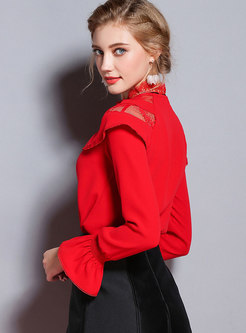 Red Tie-neck Lace-paneled Flare Sleeve Blouse