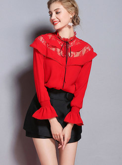 Red Tie-neck Lace-paneled Flare Sleeve Blouse