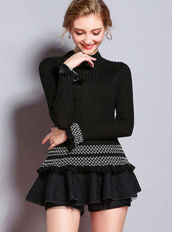 Casual Black High Neck Ruffled Skinny Knitted Sweater