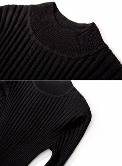 Casual Black High Neck Ruffled Skinny Knitted Sweater