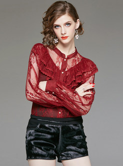 Sexy Single-breasted Lace Perspective Blouse