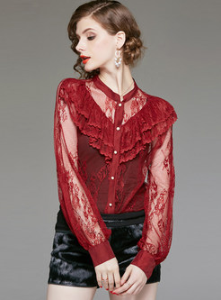 Sexy Single-breasted Lace Perspective Blouse