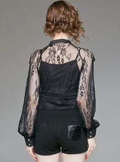 O-neck Perspective Lace Flouncing Blouse With Sling