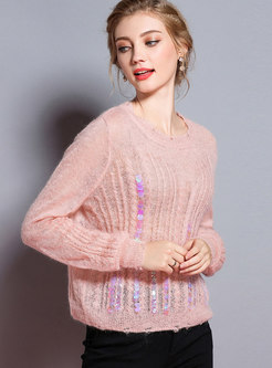 Autumn Crew-neck Mohair Sequins Loose Knitted Sweater