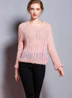 Autumn Crew-neck Mohair Sequins Loose Knitted Sweater