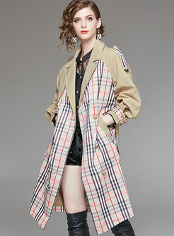 Notched Plaid Stitching Double-breasted Slim Coat
