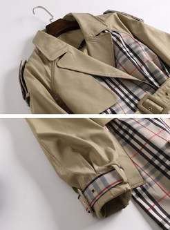 Notched Plaid Stitching Double-breasted Slim Coat