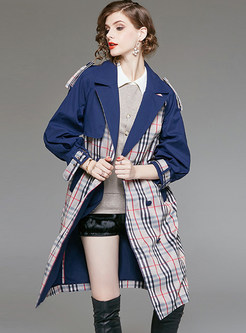 Trendy Notched Plaid Stitching Double-breasted Trench Coat