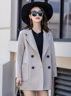 Stylish Striped Turn Down Collar Double-breasted Coat