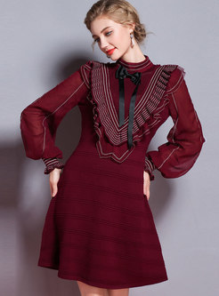 Wine Red Lantern Sleeve Hollow Out Striped Knitting Dress