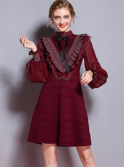 Wine Red Lantern Sleeve Hollow Out Striped Knitting Dress