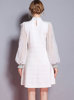 Brief White Lantern Sleeve Striped Knitting Midi Dress