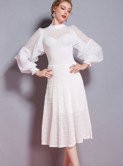 White Lantern Sleeve Plaid Beaded Perspective Knitting Dress