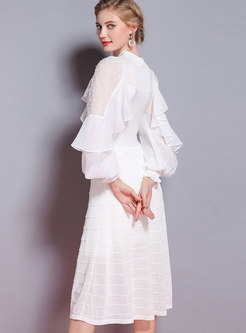 White Lantern Sleeve Plaid Beaded Perspective Knitting Dress