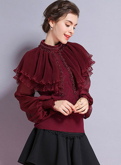 Trendy Wine Red Lantern Sleeve Beaded Mesh Cloak Sweater