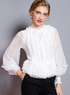 Stylish White Lantern Sleeve Lace Tiered Knitted Sweater
