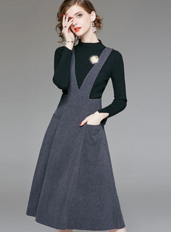 Standing Collar Long Sleeve Sweater & Strap Skirt