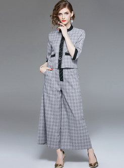 Color-blocked Three Quarters Sleeve Plaid Two Piece Outfits