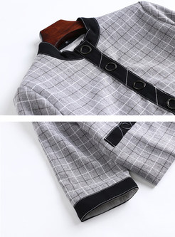 Color-blocked Three Quarters Sleeve Plaid Two Piece Outfits