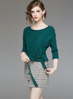 Long Sleeve Waist Sweater & Plaid Bodycon Skirt