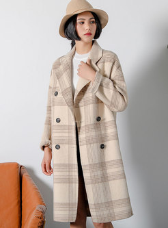 Grid Double-breasted Turn Down Collar Slim Coat