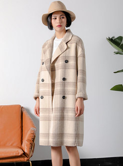 Grid Double-breasted Turn Down Collar Slim Coat
