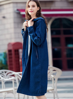 Stylish Blue Hooded Gathered Waist Zipper Trench Coat